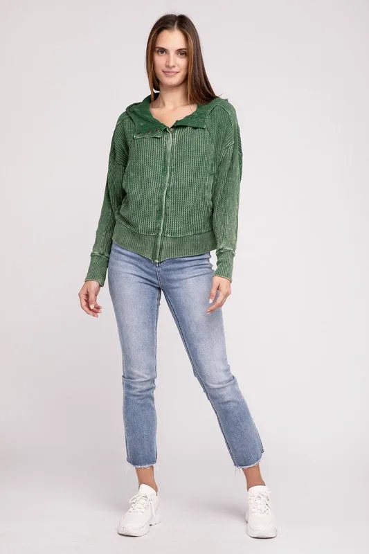 Zenana Acid Wash Cotton Waffle Hooded Zip-Up Jacket