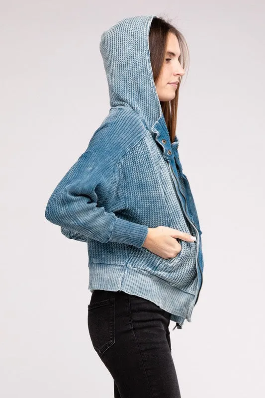 Zenana Acid Wash Cotton Waffle Hooded Zip-Up Jacket
